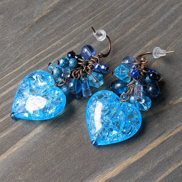 Mixed Blue Glass Bead & Blue Crackle Heart Cluster Earrings - Picture 11 of 16